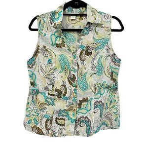 Tweeds Top Size Medium 100% Linen Button Front Sleeveless Paisley Print